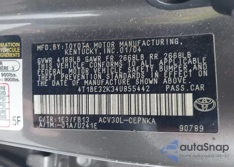2004 Toyota Camry Le from USA, damaged, VIN 4T1BE32K34U855442